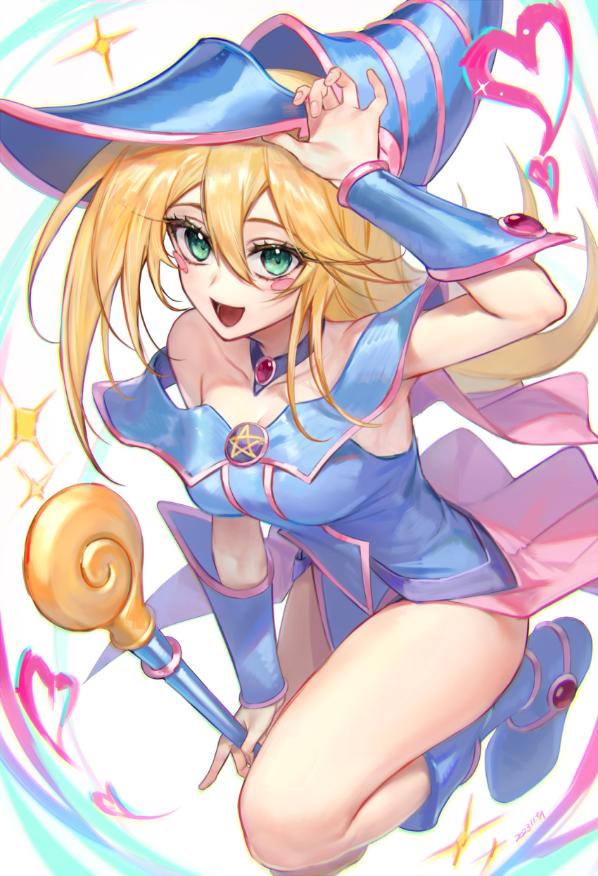 1girl adjusting_clothes adjusting_headwear bare_shoulders between_legs blonde_hair blue_dress blue_footwear blue_headwear blush_stickers boots breasts brooch choker cleavage collarbone dark_magician_girl dress duel_monster flying from_above green_eyes hair_between_eyes hat highres jewelry large_breasts long_hair looking_at_viewer open_mouth oriti4 pentagram simple_background smile solo staff staff_riding wand white_background wizard_hat yu-gi-oh!