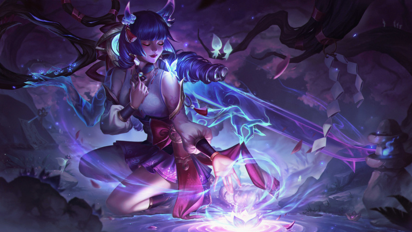 1girl absurdres alternate_costume amekoi blue_fire bow closed_eyes closed_mouth drill_hair fire flower gem gwen_(league_of_legends) hand_up highres holding holding_scissors horns kneeling kodama league_of_legends long_hair long_sleeves magic oversized_object petals red_bow scissors smile solo_focus spirit_blossom_(league_of_legends) twin_drills twintails water