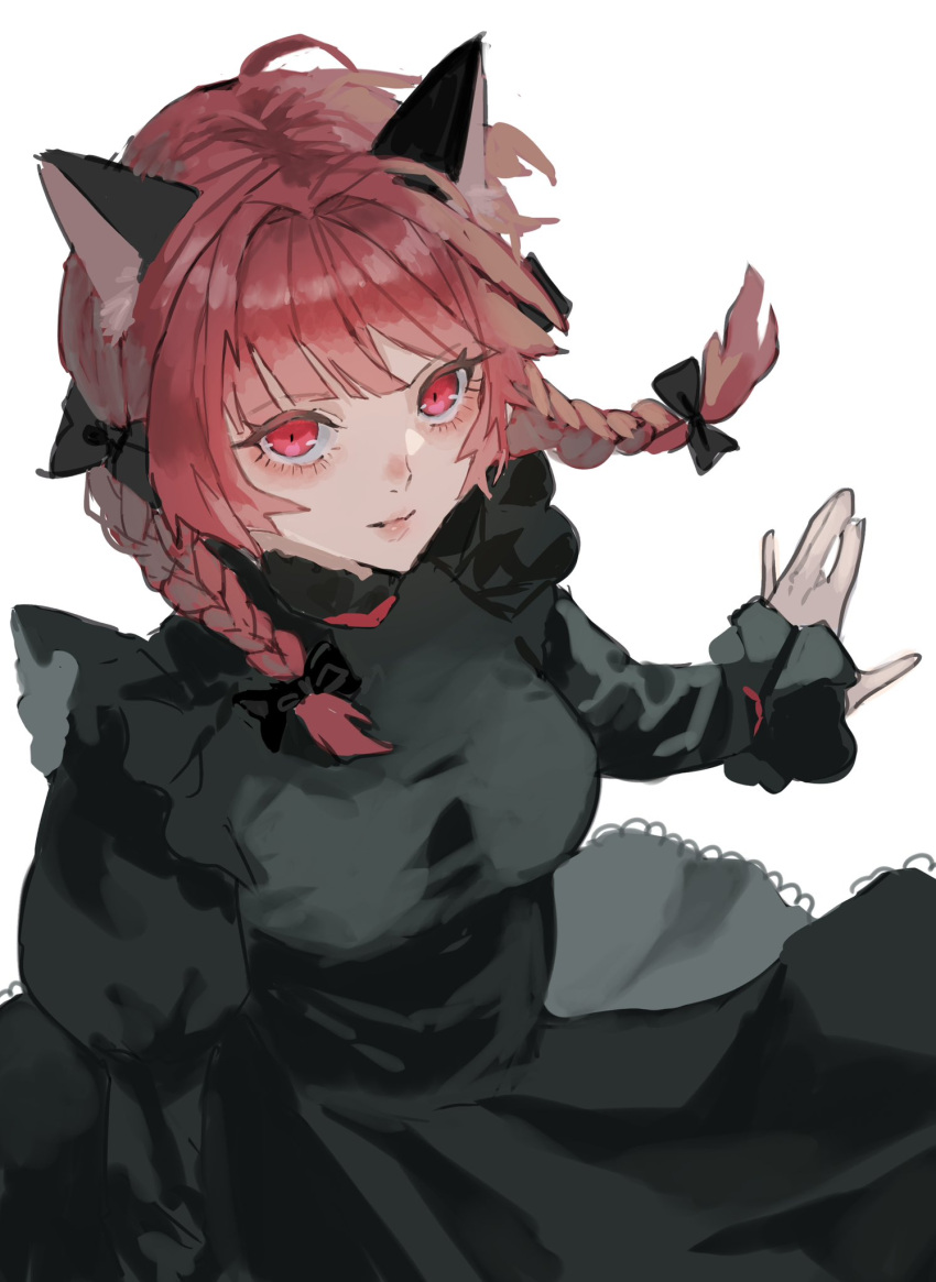 1girl animal_ear_fluff animal_ears braid breasts cat_ears closed_mouth dress green_dress highres kaenbyou_rin light_smile long_sleeves looking_at_viewer medium_breasts medium_hair nanasuou red_eyes red_hair simple_background solo touhou twin_braids white_background