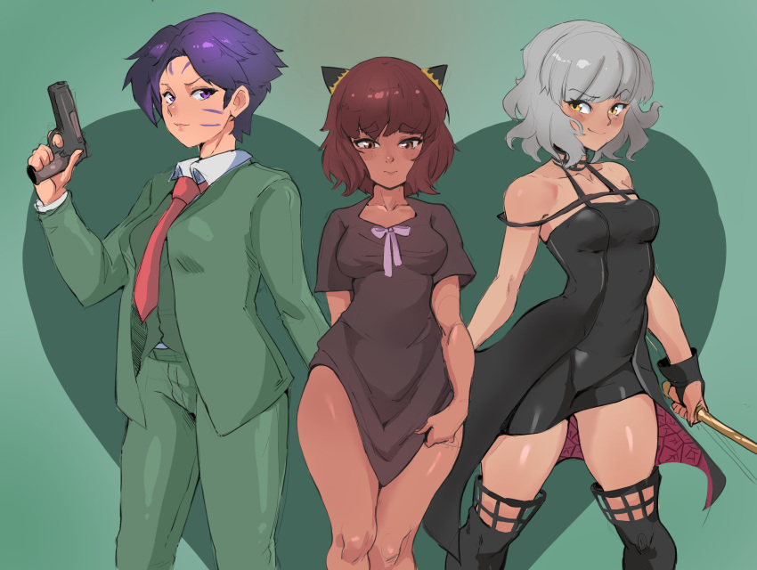 3girls absurdres anya_(spy_x_family) anya_(spy_x_family)_(cosplay) bare_shoulders black_dress blue_hair blush breasts brown_hair cafin collarbone collared_shirt cosplay cube_hair_ornament dark-skinned_female dark_skin dress facial_mark green_background green_jacket green_pants grey_hair gun hair_ornament heart highres holding holding_gun holding_weapon implied_ass_grab jacket kai'sa league_of_legends long_sleeves looking_at_another medium_breasts multiple_girls necktie pants qiyana_(league_of_legends) red_necktie shiny_skin shirt short_hair small_breasts smile spy_x_family taliyah twilight_(spy_x_family) twilight_(spy_x_family)_(cosplay) weapon yor_briar yor_briar_(cosplay)