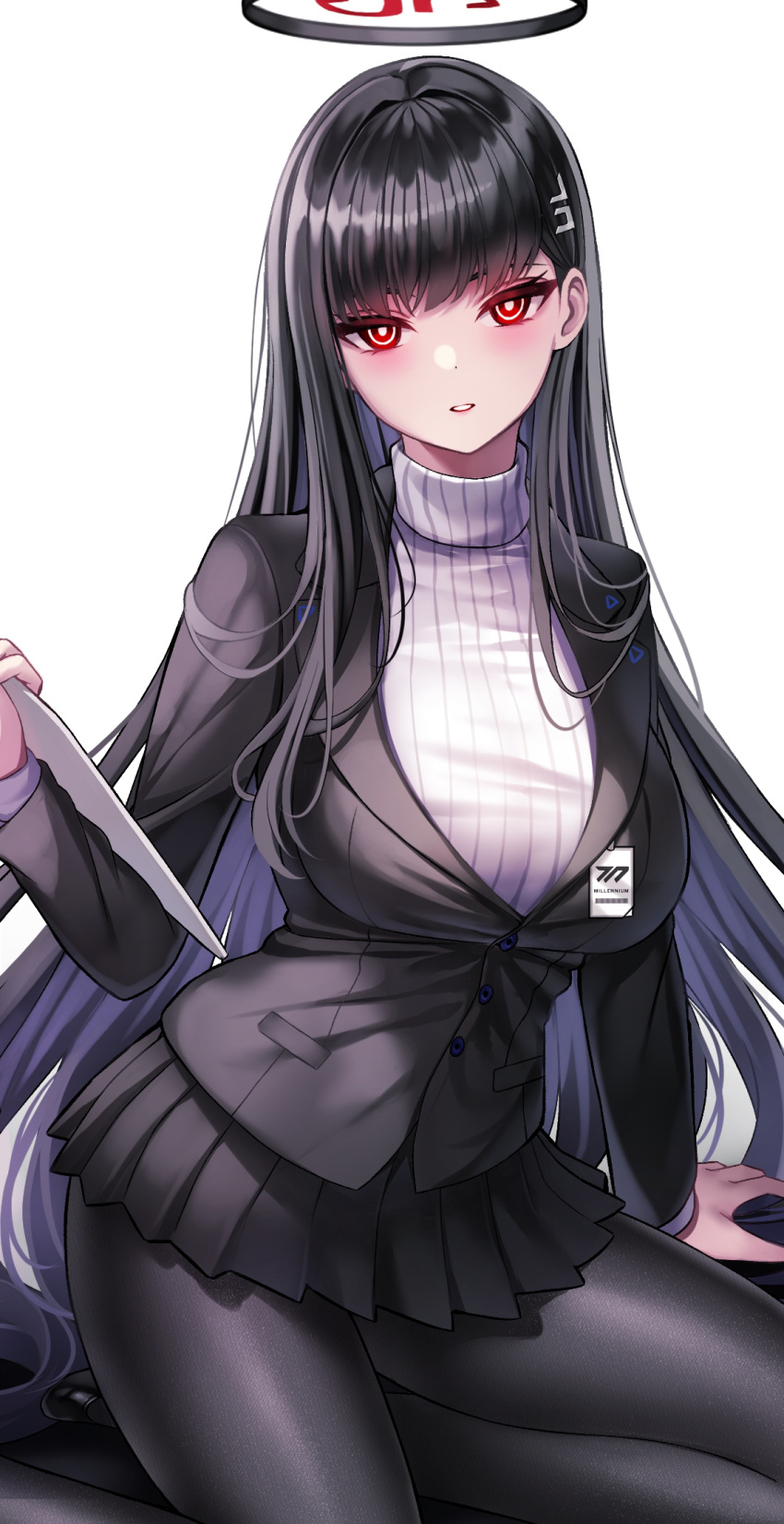 1girl black_hair black_jacket black_pantyhose black_skirt black_suit blue_archive blunt_bangs blush breasts formal hair_ornament hairclip halo highres jacket large_breasts long_hair long_sleeves looking_at_viewer miniskirt nano_(syoutamho) pantyhose pleated_skirt red_eyes ribbed_sweater rio_(blue_archive) skirt solo suit sweater thighs turtleneck turtleneck_sweater very_long_hair white_sweater