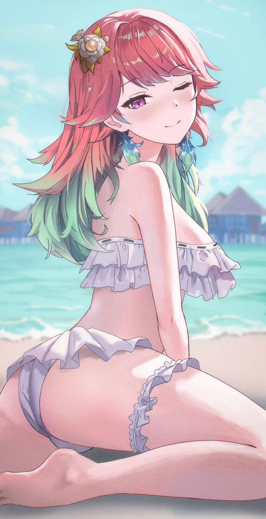 1girl absurdres alternate_costume ass bare_shoulders beach cherre commission earrings feather_earrings feathers frills gradient_hair green_hair highres hololive hololive_english jewelry long_hair looking_at_viewer multicolored_hair one_eye_closed orange_hair purple_eyes smile solo takanashi_kiara thigh_strap virtual_youtuber