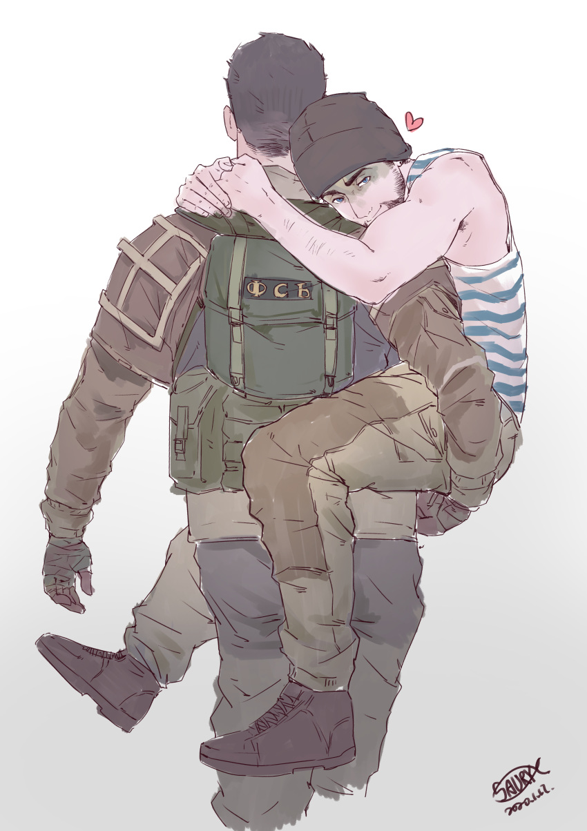 2boys absurdres arms_around_neck bara beanie beard blue_tank_top carrying carrying_person couple cropped_legs facial_hair from_behind glaz_(rainbow_six_siege) hat head_on_another's_shoulder heart highres kapkan_(rainbow_six_siege) looking_at_viewer male_focus mature_male multiple_boys muscular muscular_male official_alternate_costume one_armed_carry photo-referenced rainbow_six_siege saury_dog short_hair sideburns smug tank_top walking yaoi