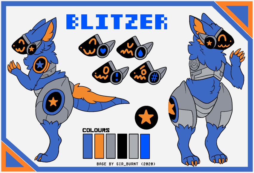 anthro blue_body blue_fur fur insignia machine male model_sheet orange_ears original_character_do_not_steal protogen solo