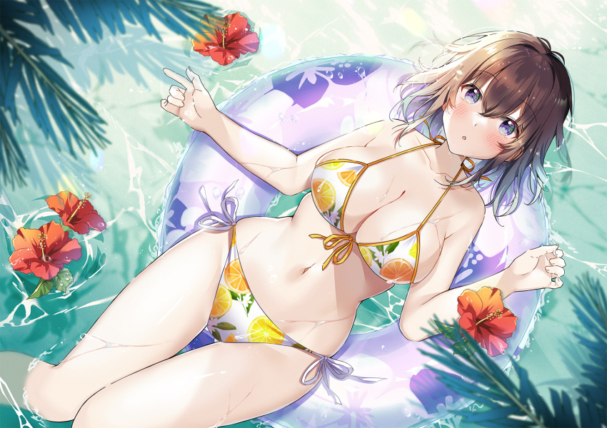 1girl :o afloat bikini blue_eyes blush breasts brown_hair cleavage comiket_102 commentary_request day flower hair_between_eyes hawawa-chan_(shiro_kuma_shake) hibiscus highres innertube large_breasts long_hair looking_at_viewer ocean open_mouth orange_bikini original red_flower shiro_kuma_shake side-tie_bikini_bottom smile solo swimsuit water wet