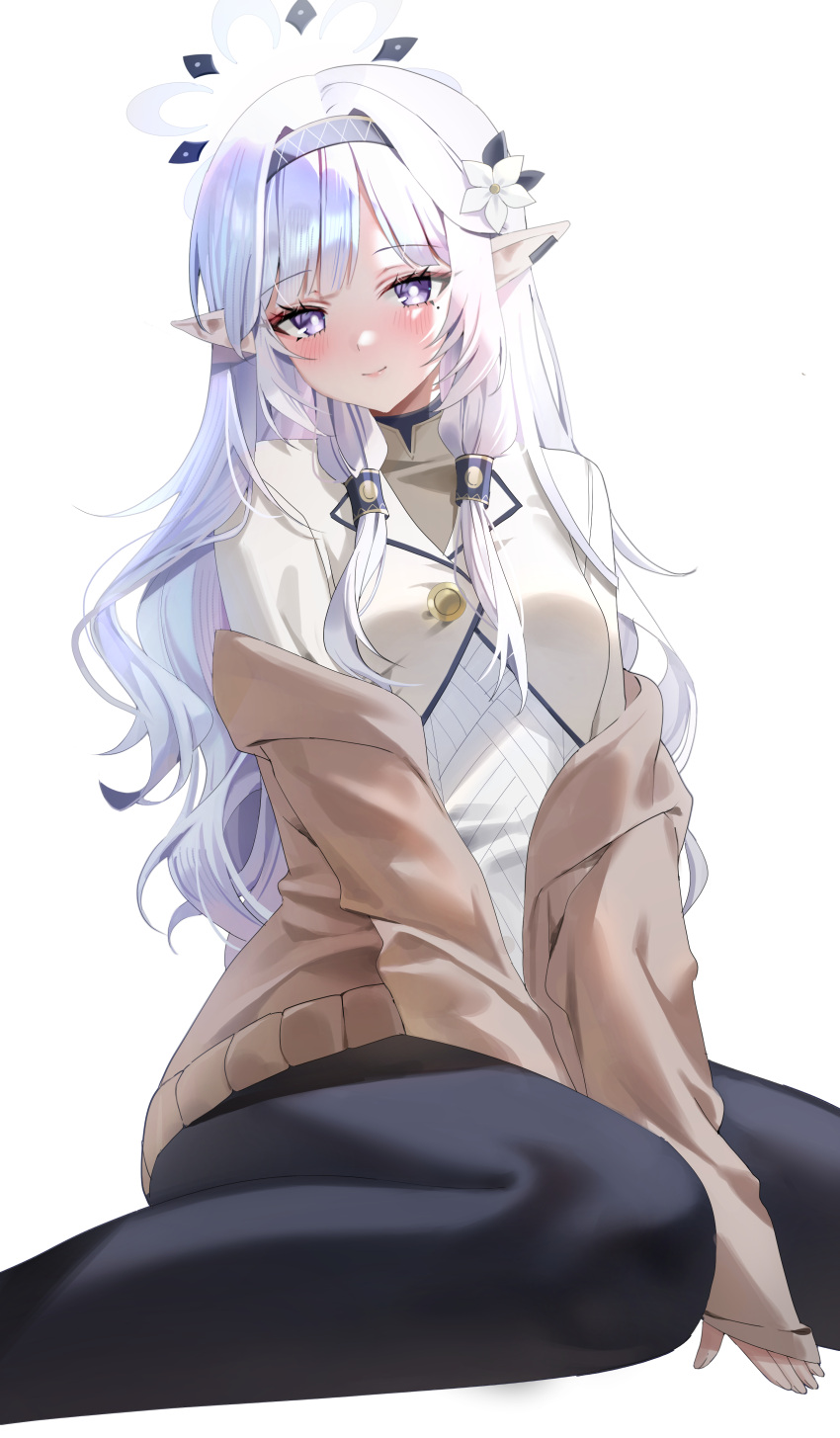 1girl absurdres bad_id bad_pixiv_id black_pants blue_archive blush breasts bright_pupils brown_cardigan cardigan educk feet_out_of_frame flower grey_hair hair_flower hair_ornament hair_tubes halo highres himari_(blue_archive) long_hair looking_at_viewer mole mole_under_eye oslo pants pointy_ears purple_eyes shirt simple_background sitting small_breasts smile very_long_hair wariza white_background white_shirt yoga_pants