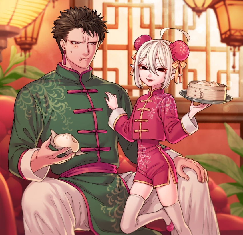 2boys ahoge androgynous baozi black_eyes black_hair bob_cut chinese_clothes couch cropped_legs dim_sum double-parted_bangs double_bun earrings eating food green_shirt hair_between_eyes hair_bun hand_on_another's_chest highres holding holding_tray jewelry lantern looking_at_another looking_at_viewer medium_hair multiple_boys no_eyebrows ohayousan_084 original otoko_no_ko pale_skin pants paper_lantern parted_bangs pelvic_curtain pink_footwear pink_lips pink_nails pink_shirt pink_shorts plant pointy_ears potted_plant purple_eyes raoul_(ohayousan_084) rose_(ohayousan_084) shirt short_hair shorts smile spiked_hair tassel tassel_earrings thighhighs tray vampire white_hair white_pants white_thighhighs window