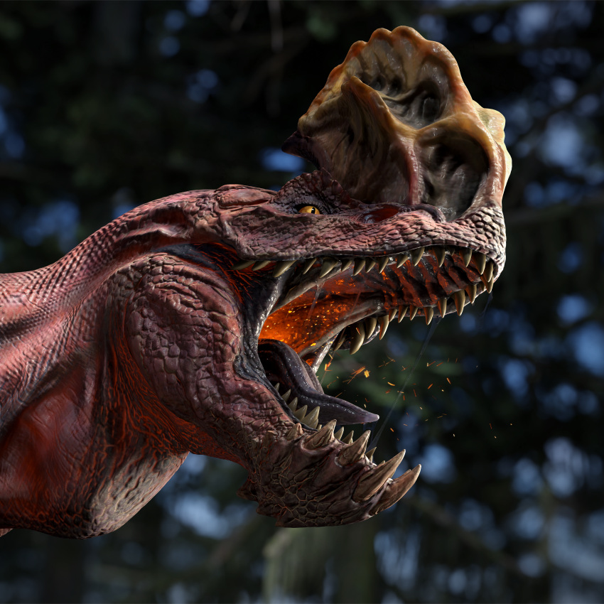 1:1 3d_(artwork) absurd_res ambiguous_gender anjanath blurred_background bodily_fluids brute_wyvern capcom detailed_background digital_media_(artwork) dinosaur embers feral headshot_portrait hi_res ivorylagiacrus looking_away monster_hunter open_mouth outside plant portrait pupils red_body red_scales reptile roaring saliva saliva_string scales scalie sharp_teeth slit_pupils solo teeth theropod tongue tongue_out tree yellow_eyes