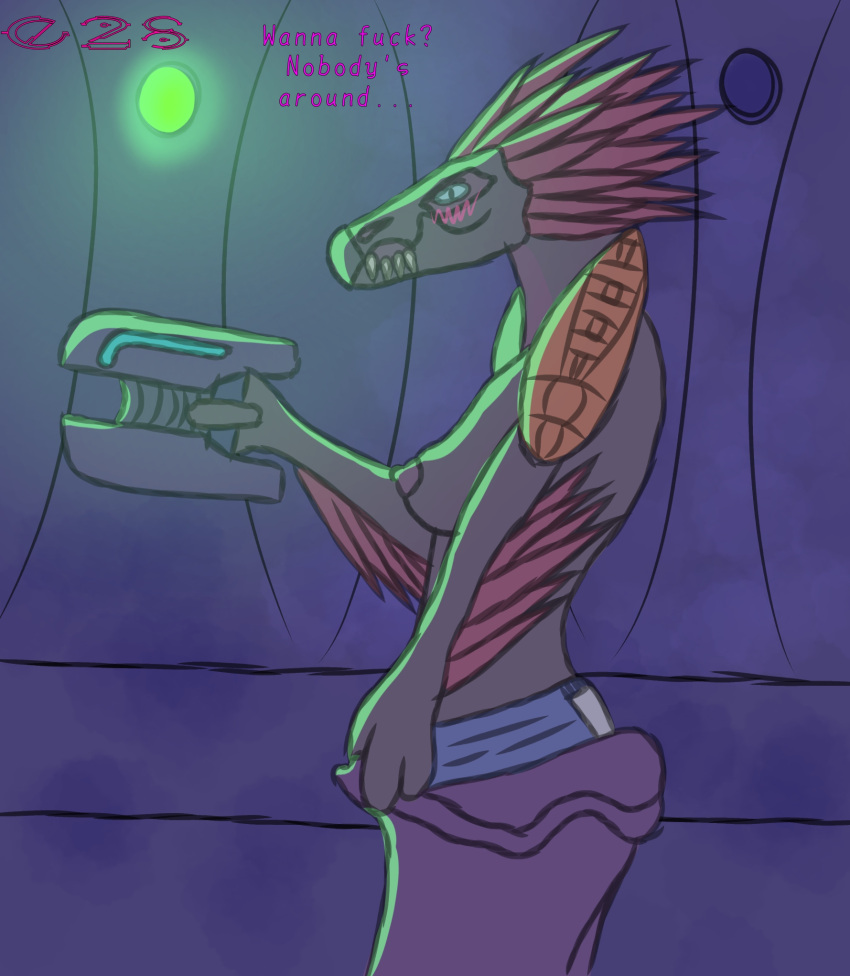028-mendicantspire alien anthro bedroom_eyes blush breasts clothed clothing dialogue female halo_(series) hi_res holding_object holding_weapon kel_(028-mendicantspire) kig-yar microsoft narrowed_eyes partially_clothed scalie seductive side_boob side_view solo t'vaoan teasing weapon xbox_game_studios