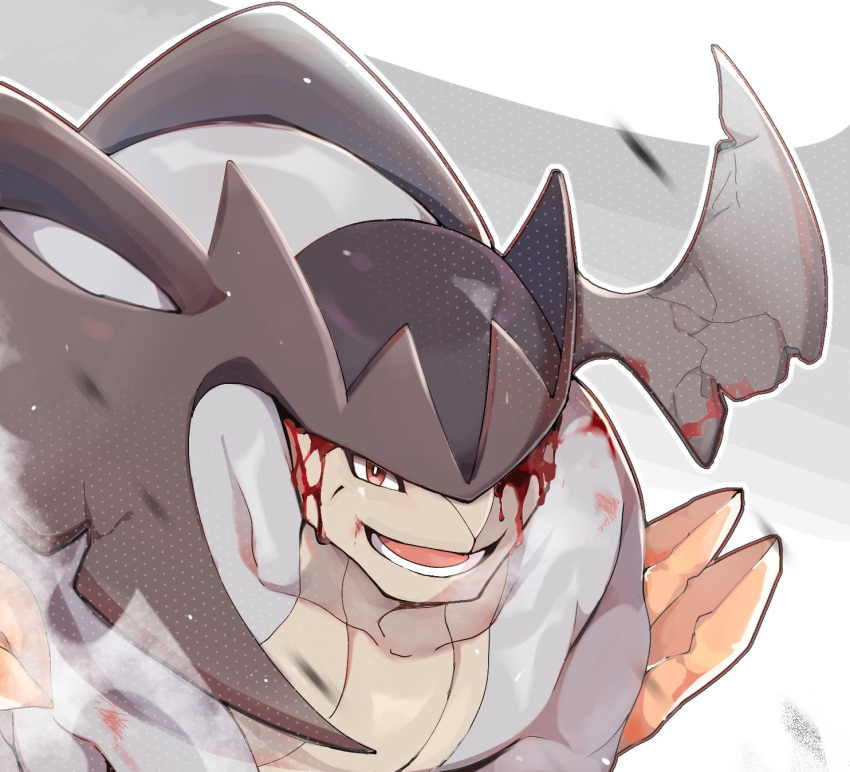 2023 blood blood_on_face bodily_fluids brown_eyes colored feral generation_5_pokemon hi_res horn legendary_pokemon male momotan_(artist) nintendo open_mouth pokemon pokemon_(species) quadruped simple_background solo terrakion tongue