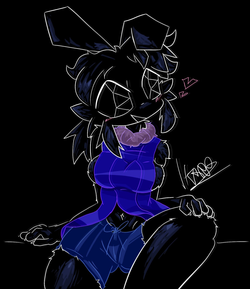 &lt;3 2023 5_fingers big_breasts big_ears big_eyes biped black_background black_body black_fur black_hair blue_bottomwear blue_clothing blue_shorts bottomwear breasts butt_from_the_front chubby_anthro chubby_female clothed clothing digital_media_(artwork) dress fingers floppy_ears fluffy front_view fur hair hand_on_knee hand_on_leg head_tilt hi_res ikarapopsicle lagomorph leporid mammal navel open_mouth pawpads purple_clothing purple_dress rabbit shaded shorts side_boob signature simple_background sitting slightly_chubby snout solo thick_thighs vib-ribbon vibri