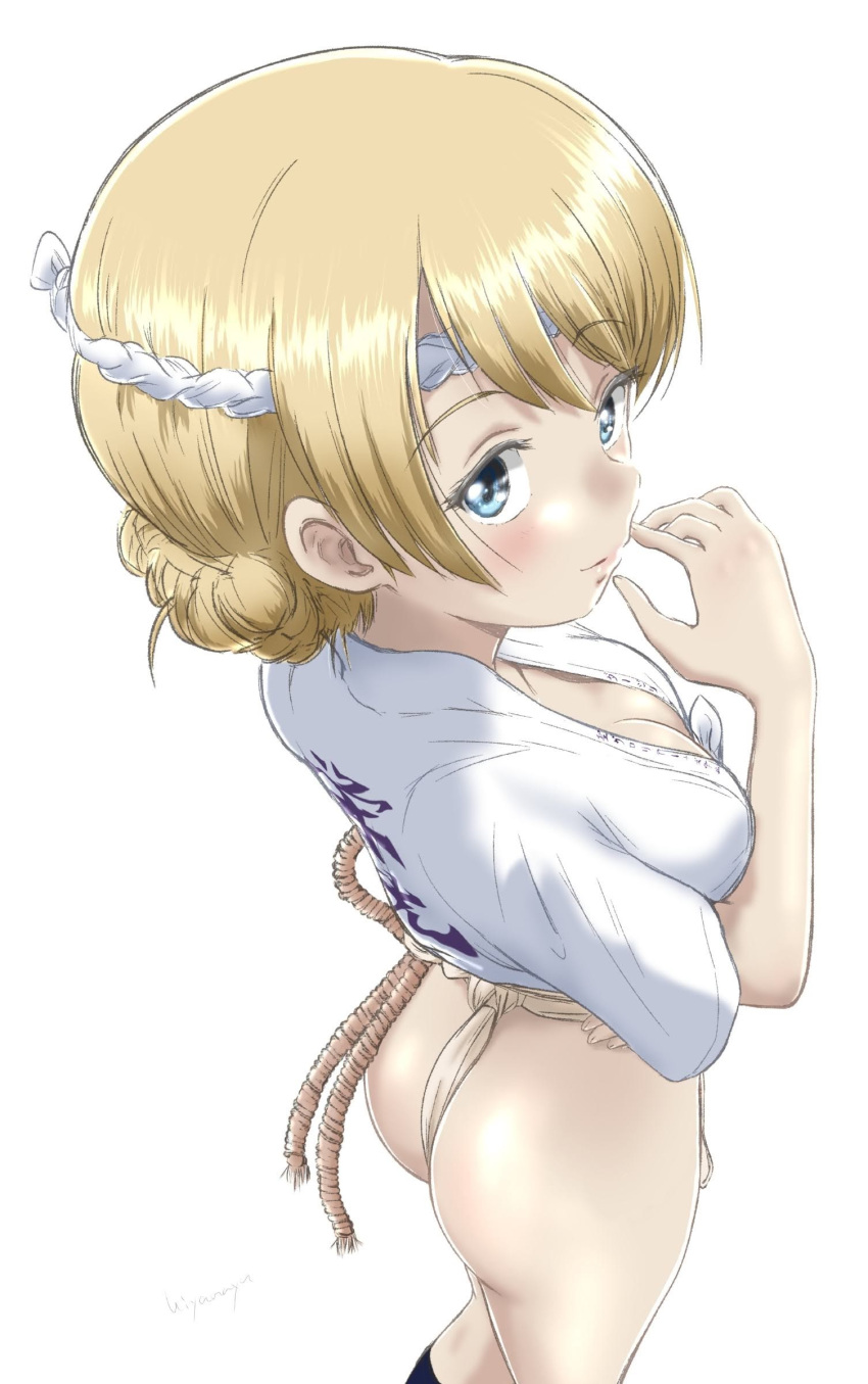 1girl absurdres ass blonde_hair blue_eyes blush braid breasts cleavage darjeeling_(girls_und_panzer) french_braid fundoshi girls_und_panzer highres hiyama_yuu_(wee259hiyama) japanese_clothes medium_breasts open_mouth signature simple_background smile solo white_background yamakasa