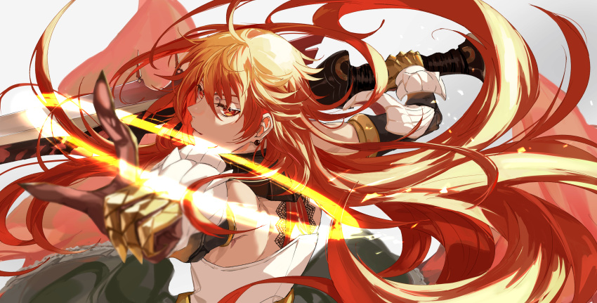 1boy absurdres back bare_shoulders detached_collar detached_sleeves earrings fate/grand_order fate_(series) gauntlets highres holding holding_sword holding_weapon jewelry long_hair looking_at_viewer nose over_shoulder pointing rama_(fate) red_eyes red_hair shirt sword sword_over_shoulder tsubashima weapon weapon_over_shoulder white_background white_shirt