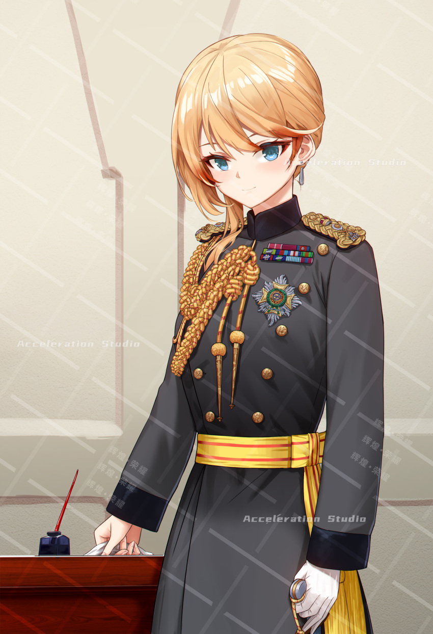 1girl absurdres aiguillette azur_lane blonde_hair buttons cowboy_shot double-breasted earrings epaulettes highres holding holding_sword holding_weapon howe_(azur_lane) huihuang_rongyao indoors ink_bottle jewelry long_hair looking_at_viewer medal military_uniform solo sword uniform watermark weapon