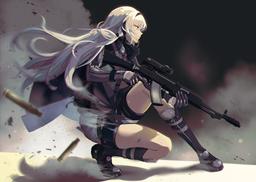 1girl an-94 an-94_(girls'_frontline) assault_rifle blue_eyes expressionless gas_mask girls'_frontline gloves grey_jacket gun jacket long_hair mask niac optical_sight rifle shell_casing shorts smoke solo squatting thighs weapon white_gloves white_hair white_shorts