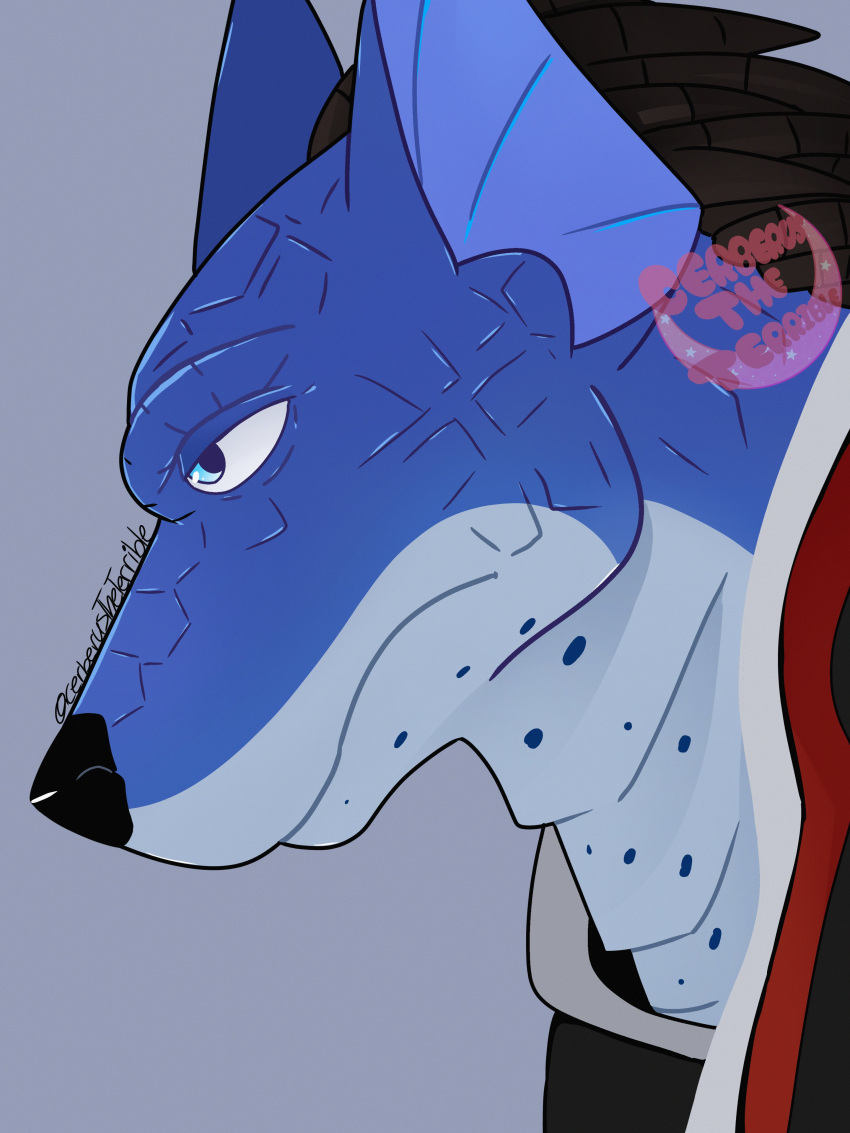 2023 absurd_res anthro black_nose blue_body blue_eyes blue_scales canid canine canis cerberustheterrible_(artist) clothing doggie_kruger domestic_dog grey_background hair headshot_portrait hi_res male mammal portrait power_rangers power_rangers_spd scales side_view signature simple_background solo