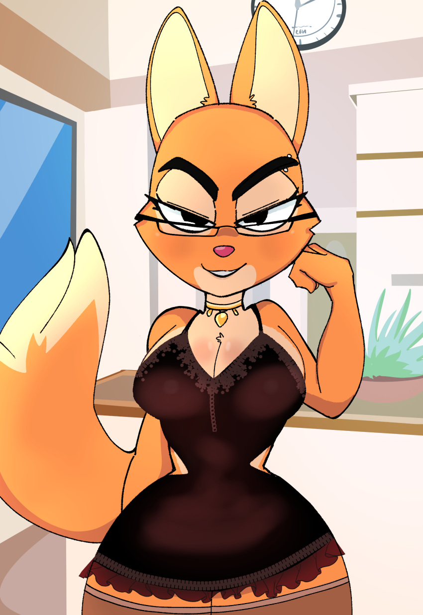 absurd_res anthro bedroom_eyes big_breasts breasts canid canine choker cleavage clothed clothing diane_foxington dreamworks dress eyebrow_piercing eyewear facial_piercing female fox glasses hi_res jewelry legwear looking_at_viewer mammal narrowed_eyes necklace onibi piercing seductive solo stockings the_bad_guys wide_hips