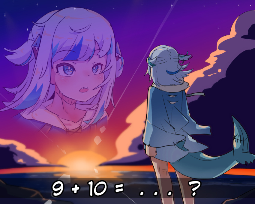 1girl blue_eyes blue_hair blunt_bangs cloud fins fish_tail gawr_gura gradient_sky grey_hair hair_ornament hololive hololive_english hood hoodie math moral_cacoethes multicolored_hair open_mouth outdoors scenery shark_girl shark_tail sharp_teeth sky solo streaked_hair sun tail teeth twilight two_side_up virtual_youtuber