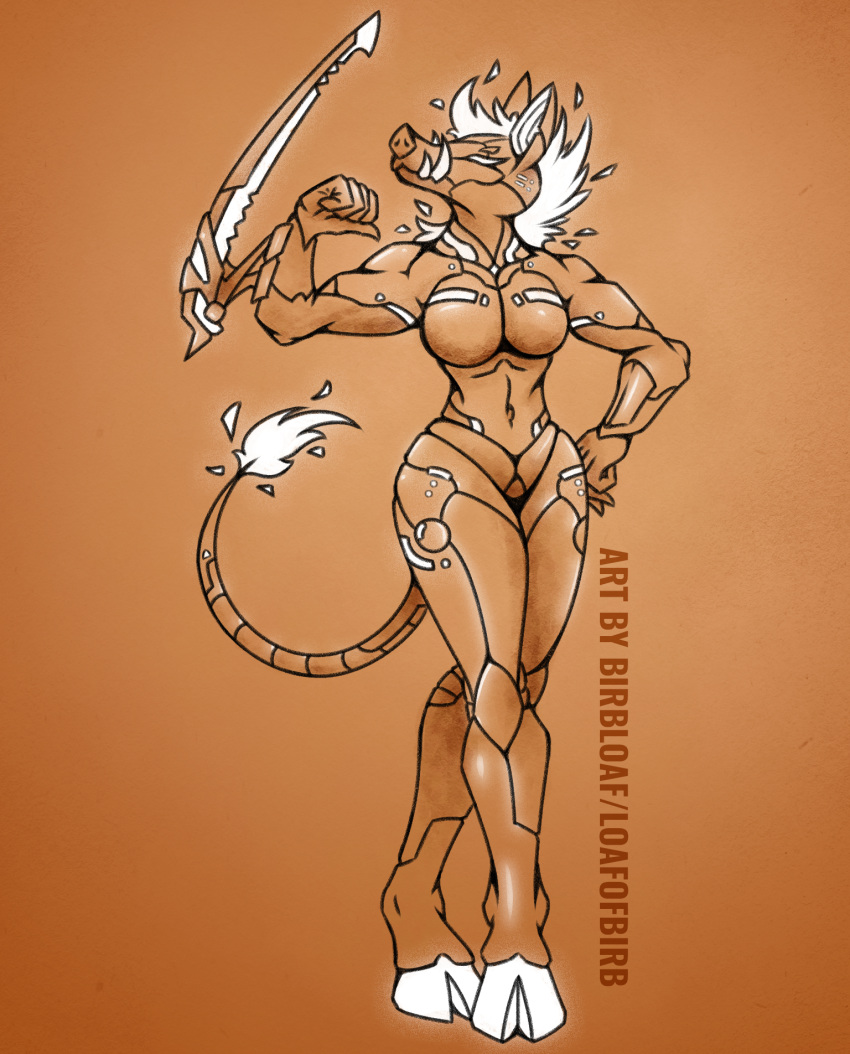 anthro athletic athletic_anthro breasts cybernetic_arm cybernetic_limb cybernetics cyberpunk cyborg digital_media_(artwork) female glowing glowing_eyes hair hi_res inktober loafofbirb machine mammal mantis_blades nude solo suid suina sus_(pig) tail weapon weretober wild_boar