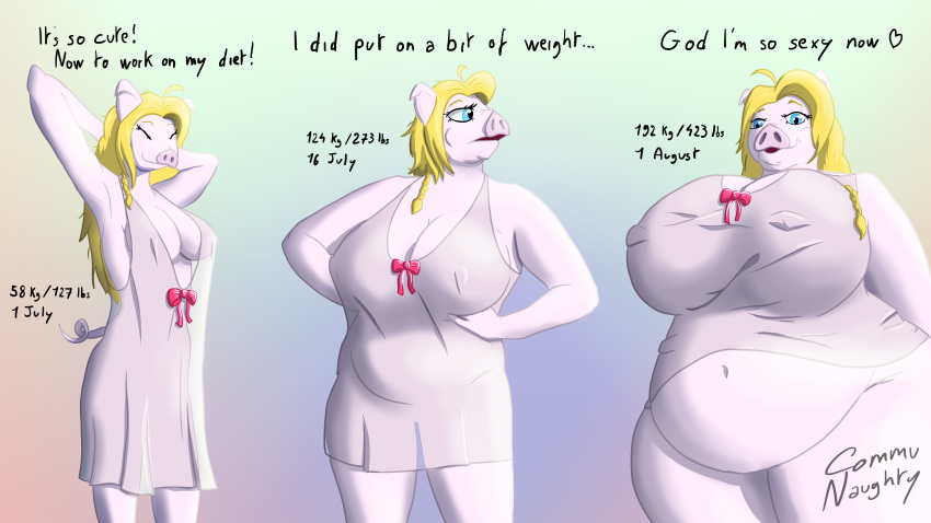 absurd_res anthro belly belly_expansion belly_inflation blonde_hair blue_eyes breast_expansion breasts clothing communaughty domestic_pig expansion expansion_sequence female fit_to_fat hair hi_res inflation mammal obese overweight sequence snout solo suid suina sus_(pig) tight_clothing translucent translucent_clothing weight_gain