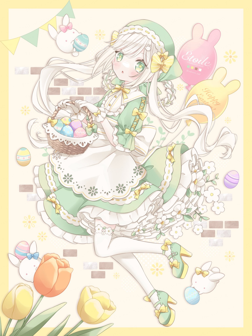 1girl apron balloon basket blush bow dress easter easter_egg egg frilled_dress frills full_body gloves green_dress green_eyes green_footwear hair_bow high_heels highres kuzuhara_kazuya long_hair multiple_hair_bows open_mouth original solo swept_bangs thighhighs twintails white_apron white_gloves white_hair white_thighhighs yellow_bow