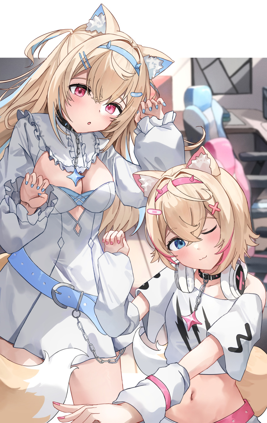2girls :3 absurdres animal_ear_fluff animal_ears belt belt_collar black_collar blonde_hair blue_belt blue_eyes blue_hair blue_nails blush breasts cleavage cleavage_cutout clothing_cutout collar cropped_shirt dog_ears dog_girl dog_tail dress fuwawa_abyssgard hair_ornament hairpin headphones headphones_around_neck highres hololive hololive_english large_breasts long_hair looking_at_viewer medium_hair midriff mococo_abyssgard multicolored_hair multiple_girls nail_polish navel one_eye_closed pink_belt pink_eyes pink_hair pink_nails shirt short_shorts shorts siblings sisters small_breasts smile spiked_collar spikes streaked_hair tail tomone43 twins virtual_youtuber white_dress white_shirt white_shorts x_hair_ornament