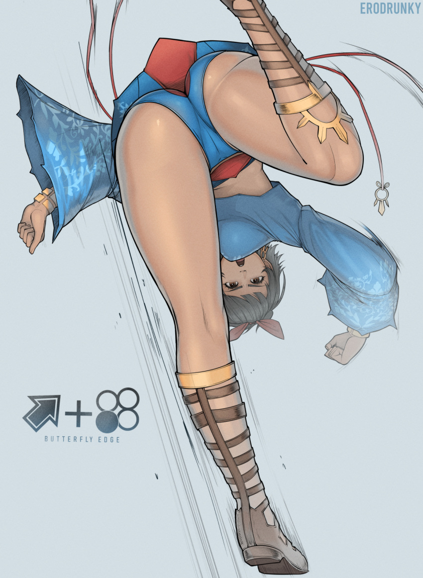 1girl arrow_(symbol) ass black_hair blue_shirt blue_shorts bow_hairband bracelet breasts brown_eyes brown_footwear crop_top dark-skinned_female dark_skin earrings english_text erodrunky from_below gameplay_mechanics gladiator_sandals gold_dress grey_background hairband highres hoop_earrings jewelry josie_rizal kicking kneepits long_sleeves medium_breasts open_mouth paid_reward_available red_hairband sandals shirt short_hair short_shorts shorts solo tekken tekken_7 thighs underbutt wide_sleeves