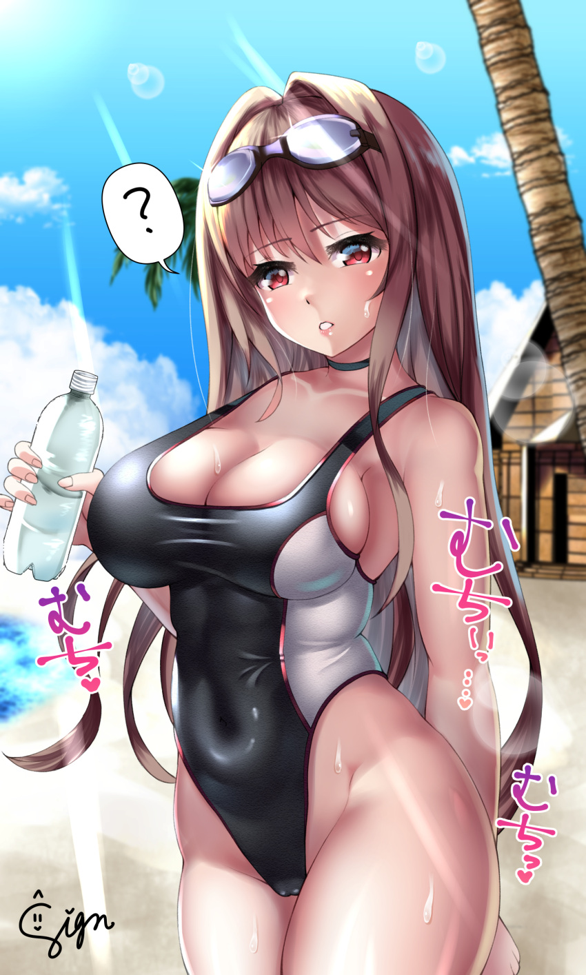 1girl ? absurdres beach black_choker bottle breasts brown_hair choker cleavage competition_swimsuit covered_navel cowboy_shot day goddess_of_victory:_nikke goggles goggles_on_head highleg highleg_swimsuit highres holding holding_bottle large_breasts lens_flare long_hair looking_at_viewer one-piece_swimsuit outdoors palm_tree parted_lips rapi_(nikke) red_eyes sideboob signdasuyo spoken_question_mark swimsuit taut_clothes tree water_bottle