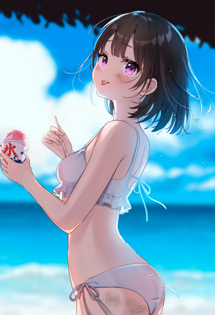 1girl :p absurdres arched_back ass bare_arms bikini black_hair blue_sky blurry blurry_background blush breasts day food highres holding holding_spoon horizon looking_at_viewer ocean original outdoors purple_eyes sand shaved_ice short_hair side-tie_bikini_bottom sky small_breasts spoon swimsuit tongue tongue_out white_bikini yushima