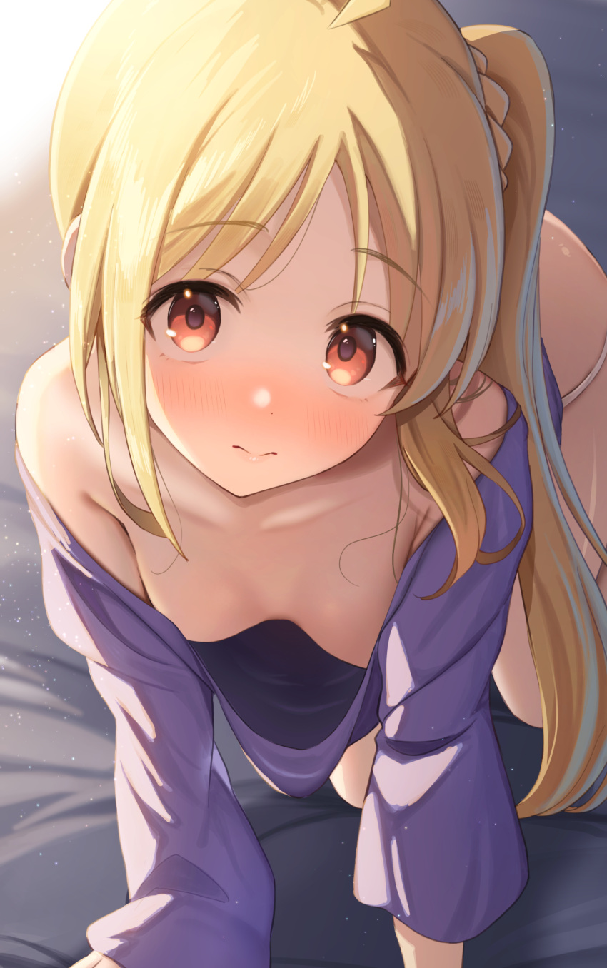 1girl all_fours bare_shoulders blonde_hair blush bocchi_the_rock! breasts closed_mouth collarbone highres ijichi_nijika long_hair looking_at_viewer panties purple_shirt ray_mil68 red_eyes shirt side_ponytail small_breasts solo underwear white_panties
