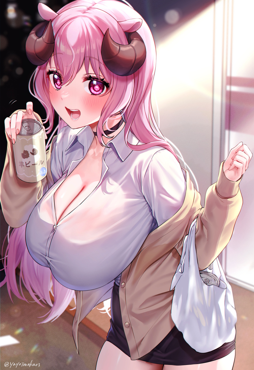 1girl absurdres animal_ears bag black_skirt blush breasts brown_cardigan brown_horns can cardigan cleavage collared_shirt commission curled_horns fingernails hair_between_eyes highres hitsujimusume_meme holding holding_can horns huge_breasts indie_virtual_youtuber indoors light_particles long_hair long_sleeves looking_at_viewer nail_polish open_cardigan open_clothes open_mouth open_shirt pink_eyes pink_hair pink_nails sheep_ears sheep_girl sheep_horns sheep_print shirt skeb_commission skirt sleeves_past_wrists smile solo star_(symbol) star_in_eye symbol_in_eye teeth thighs twitter_username virtual_youtuber white_shirt yayoi_maka
