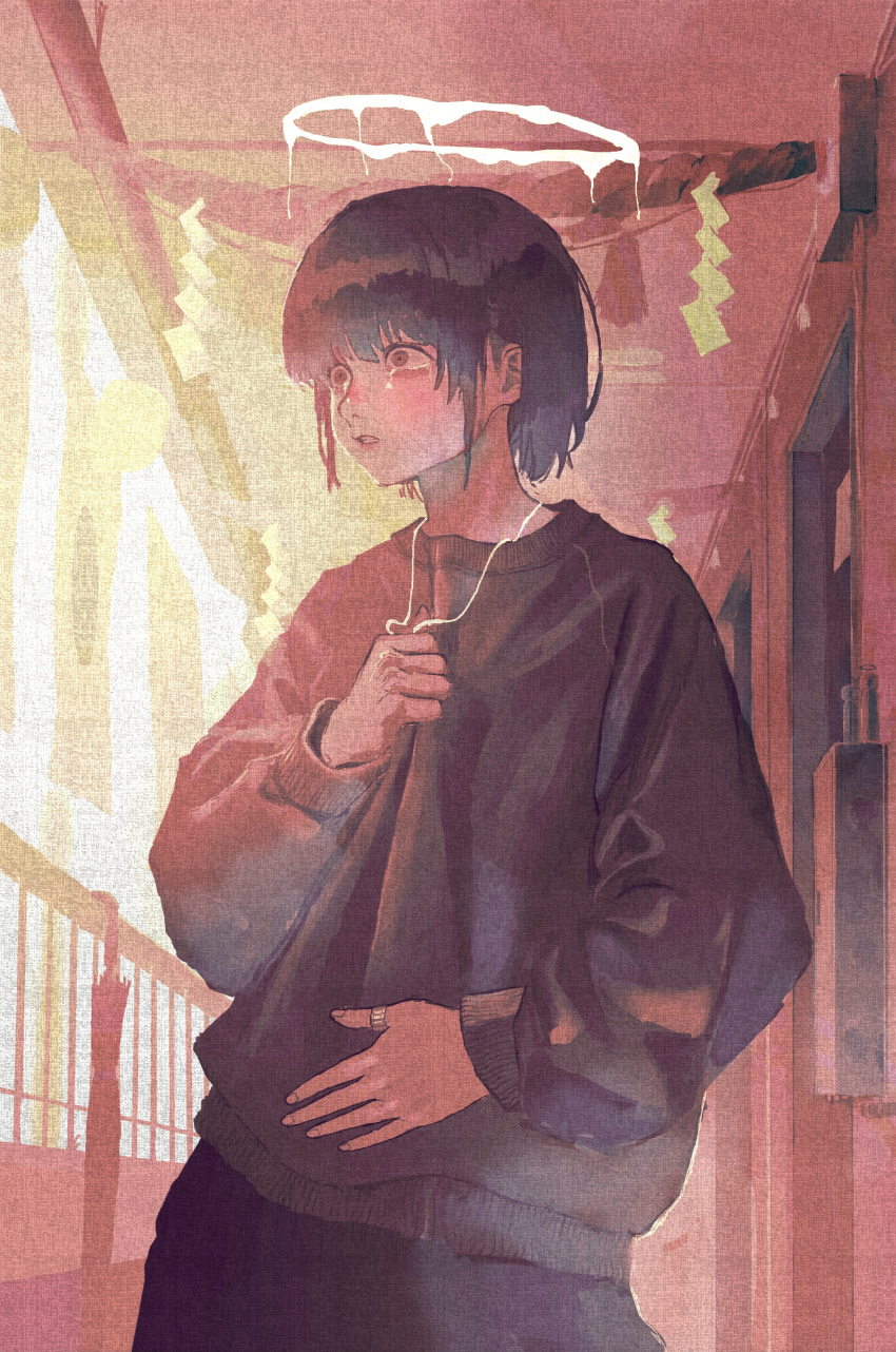 1girl absurdres blue_hair canvas_texture commentary_request crying crying_with_eyes_open grey_sweater halo hand_on_own_stomach highres holding holding_jewelry holding_necklace jewelry long_sleeves natari necklace original rope shide shimenawa short_hair sidelocks solo sweater tears thumb_ring umbrella