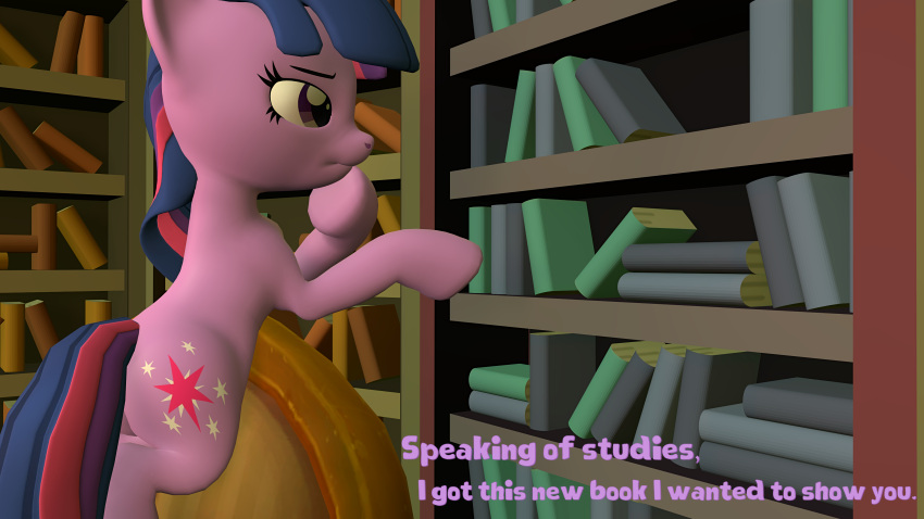 16:9 2023 3d_(artwork) 4k absurd_res book bookshelf butt carpet comic digital_media_(artwork) english_text equid equine female feral friendship_is_magic furniture gesture golden_oaks_library half-closed_eyes hasbro hi_res horn horse inside looking_at_book looking_at_object mammal my_little_pony narrowed_eyes olkategrin pointing pony solo source_filmmaker standing standing_on_sofa tail talking_to_self text thinking twilight_sparkle_(mlp) unicorn unicorn_horn widescreen