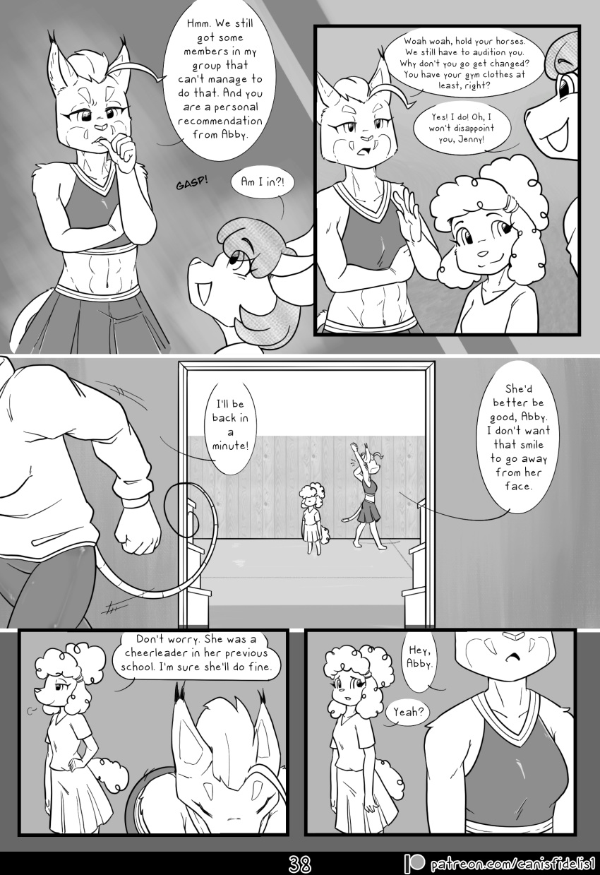 2023 abby_(canisfidelis) abs absurd_res anthro athletic athletic_anthro athletic_female biped bite biting_thumb bottomwear breasts canid canine canis canisfidelis caracal caracal_(genus) cheerleader cheerleader_outfit closed_smile clothed clothing comic crop_top dialogue domestic_dog duo ear_tuft english_text eyebrows felid feline female floppy_ears fluffy fluffy_ears fluffy_hair fluffy_tail group hair hi_res inside looking_at_another mammal midriff monochrome mouse mouth_closed murid murine navel open_mouth open_smile pants ponytail poodle rodent self_bite shirt short_hair skirt smile speech_bubble tail text topwear trio tuft