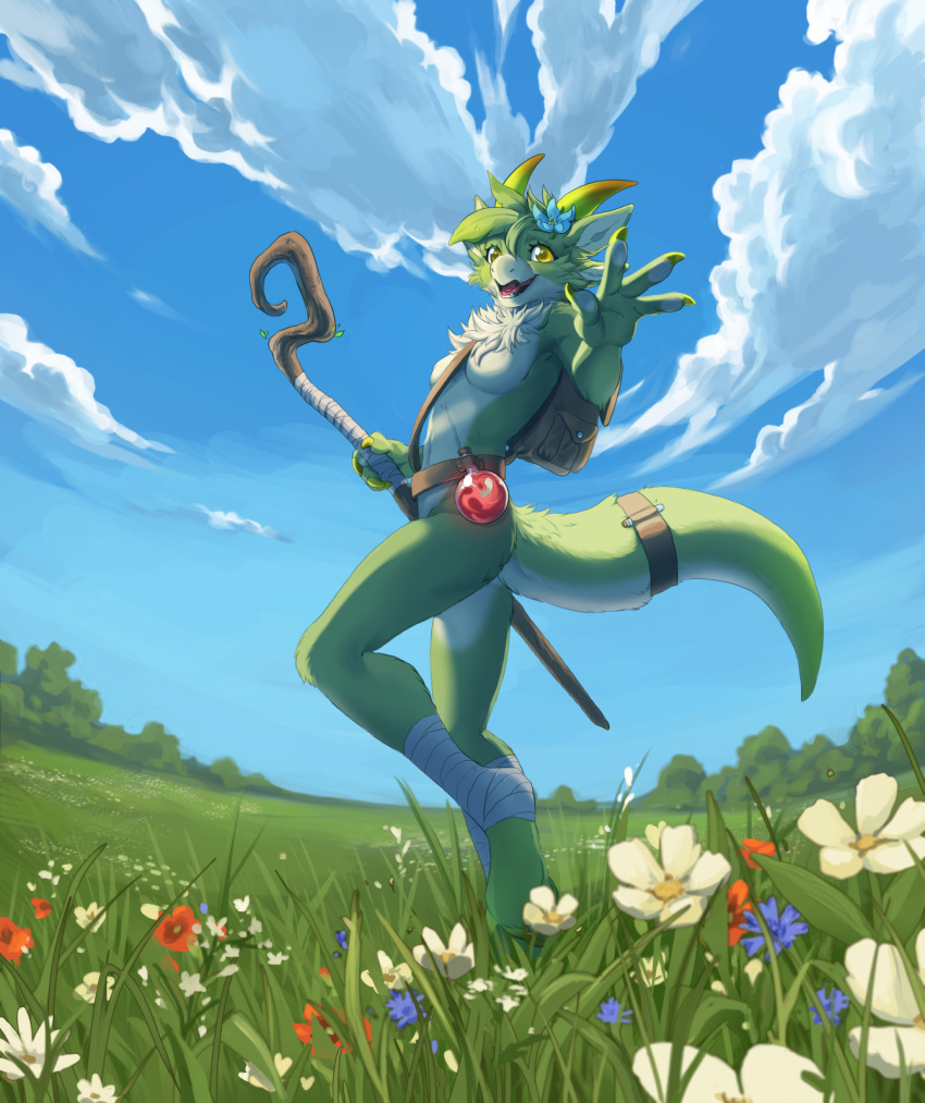 accessory anthro backpack backpack_only belt blacku-draws cloud cloudscape female field flower flower_in_hair grass hair hair_accessory hi_res horn hybrid kanya_the_drakkonid_(darkflamewolf) legend_of_ahya mammal nude plains plant reptile scalie sky solo staff