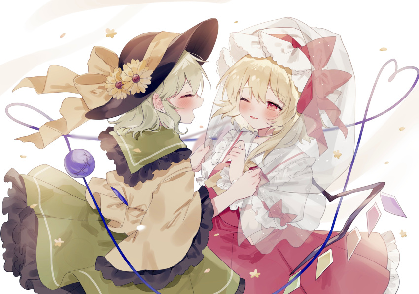 2girls ;d absurdres black_headwear blonde_hair crystal flandre_scarlet frilled_skirt frills green_hair green_skirt hat hat_ribbon heart heart_of_string highres komeiji_koishi light_green_hair long_sleeves looking_at_another multiple_girls one_eye_closed one_side_up red_ribbon red_skirt ribbon shirt short_hair simple_background skirt smile sorani_(kaeru0768) third_eye touhou veil white_background white_headwear wings yellow_ribbon yellow_shirt