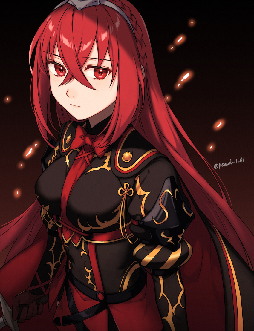 1girl alear_(female)_(fire_emblem) alear_(fire_emblem) bangs braid breasts commentary_request crossed_bangs crown_braid dark_background expressionless fire_emblem fire_emblem_engage highres long_hair looking_at_viewer medium_breasts official_alternate_costume official_alternate_hair_color partial_commentary past_alear_(female) peach11_01 puffy_sleeves red_eyes red_hair red_skirt skirt solo tiara very_long_hair