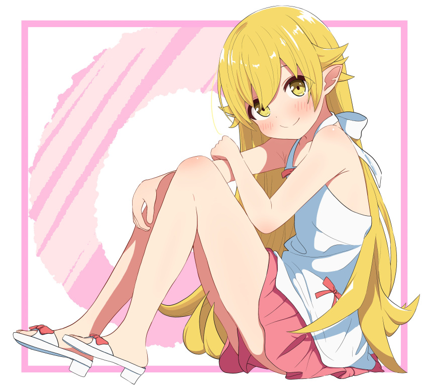 1girl absurdres armpit_crease bakemonogatari bare_legs bare_shoulders blonde_hair border bow collarbone eyelashes flat_chest full_body hair_between_eyes highres knees_up legs long_hair looking_at_viewer miniskirt monogatari_(series) on_ground oshino_shinobu pink_background pink_bow pink_skirt pleated_skirt pointy_ears sandals shadow shirt sidelocks sitting skirt sleeveless solo swept_bangs toes two-tone_background very_long_hair white_background white_border white_shirt yellow_eyes yoshikirino