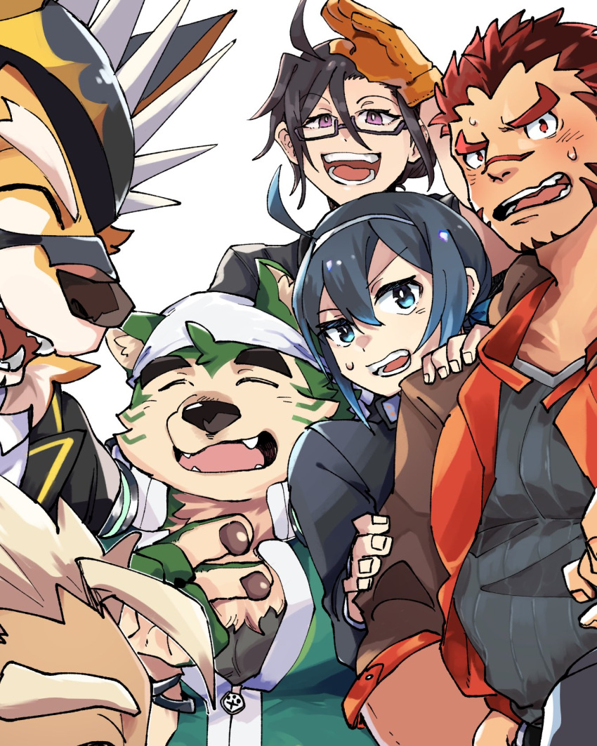 akashi_(live_a_hero) anthro bandanna bjfbb64616 blue_eyes blush canid canine canis crowne_(live_a_hero) domestic_dog eyebrows felid female fur green_body green_fur group hi_res human kerchief lifewonders live_a_hero male mammal mask mokdai overweight pantherine pawpads ryekie_(live_a_hero) scar sui_(live_a_hero) thick_eyebrows tiger