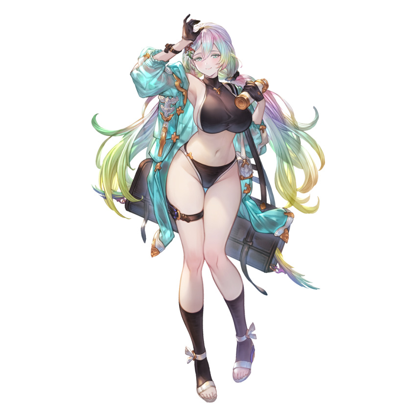 1girl alpha_transparency arm_up armpits bikini black_bikini black_gloves blush breasts cupitan_(granblue_fantasy) cupitan_(summer)_(granblue_fantasy) feet full_body gloves gradient_hair granblue_fantasy green_eyes hair_between_eyes hair_ornament highleg highleg_bikini large_breasts legs long_hair looking_at_viewer low_twintails minaba_hideo multicolored_hair navel official_art rainbow_hair sandals smile solo standing swimsuit thigh_gap thigh_strap toenails toes transparent_background twintails