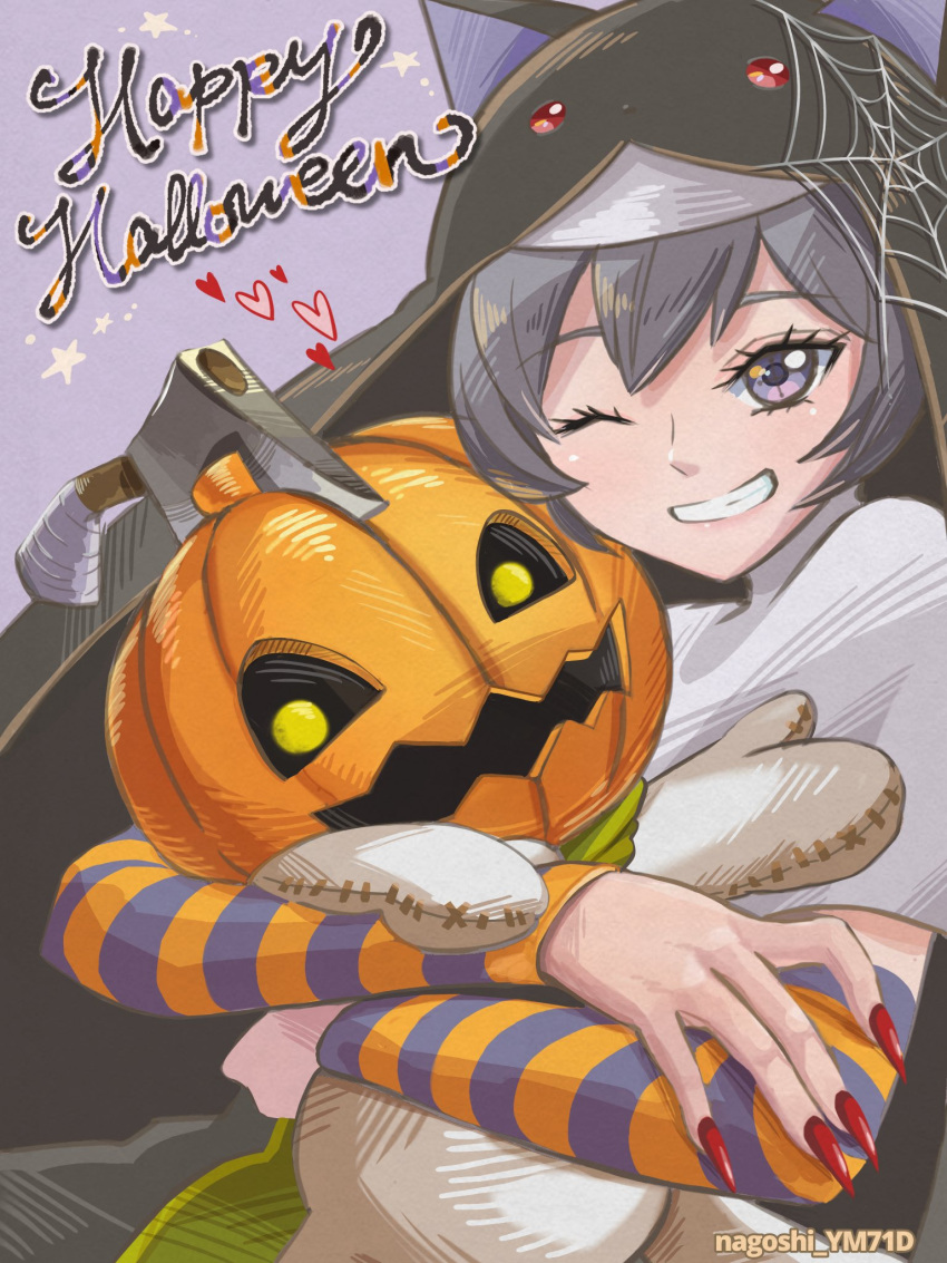 1girl axe black_eyes black_hair detached_sleeves digimon digimon_(creature) english_text grin halloween hatchet_(axe) highres hug jack-o'-lantern looking_at_viewer nagoshi one_eye_closed orange_sleeves pumpkin pumpmon purple_sleeves red_nails short_hair sistermon_noir smile striped_sleeves teeth