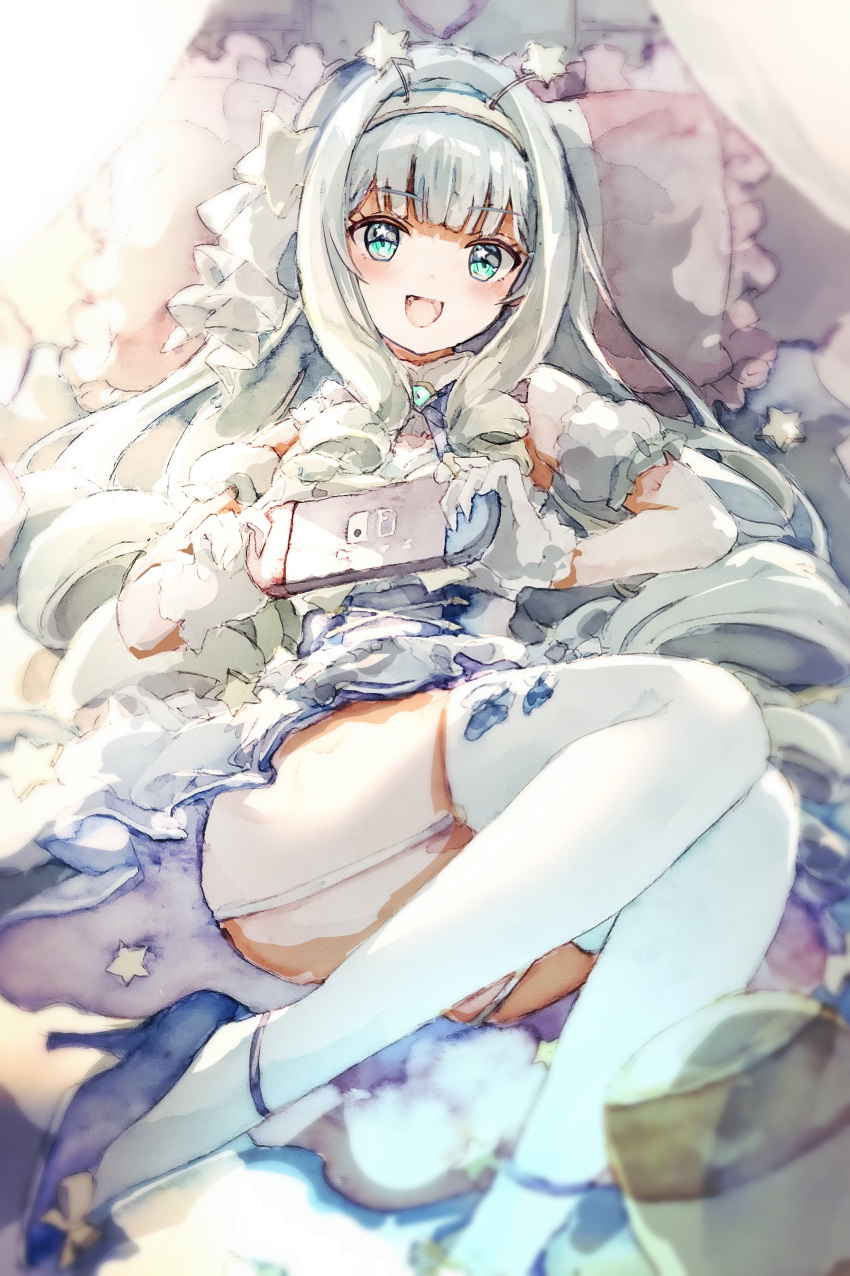 1girl absurdres antennae blue_eyes blue_footwear blue_hair commission commissioner_upload curtains frilled_pillow frills gloves hairband handheld_game_console high_heels highres holding holding_handheld_game_console jelly_hoshiumi kamu_kotan light_blue_hair lying nintendo_switch on_back on_bed pantyhose phase_connect pillow skeb_commission solo virtual_youtuber white_gloves white_pantyhose