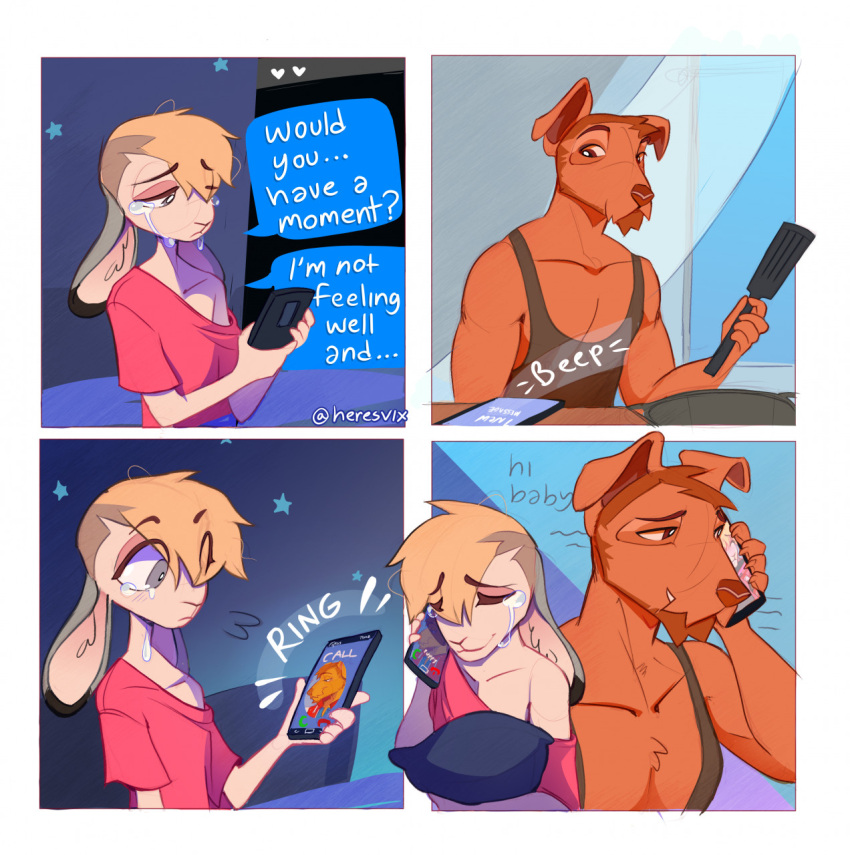 4_panel_comic anthro blonde_hair bodily_fluids border boyfriends brown_body brown_fur canid canine canis cellphone chin_tuft clothing crying domestic_dog duo ears_down english_text eyes_closed facial_tuft fur girly hair half-closed_eyes heresvix hi_res lagomorph leporid male mammal narrowed_eyes phone pillow pillow_hug pivoted_ears rabbit shirt smartphone sound_effects t-shirt tank_top tears text topwear white_body white_border white_fur wide_eyed
