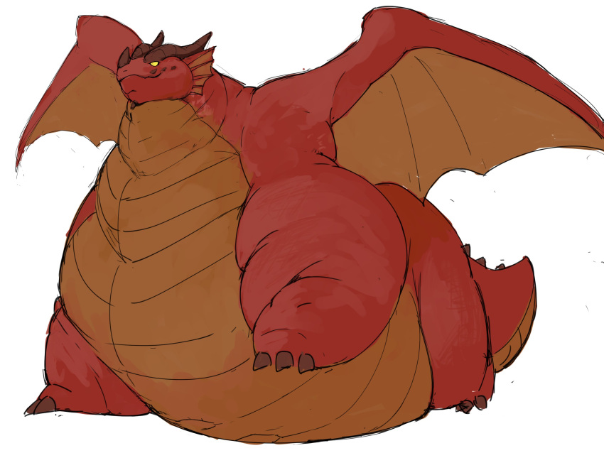 2023 all_fours belly big_belly claws dragon feral hi_res horn male membrane_(anatomy) membranous_wings morbidly_obese morbidly_obese_feral morbidly_obese_male obese obese_feral obese_male overweight overweight_feral overweight_male scalie simple_background solo spikes tail themberchaud western_dragon white_background wings yellow_eyes zephy_03