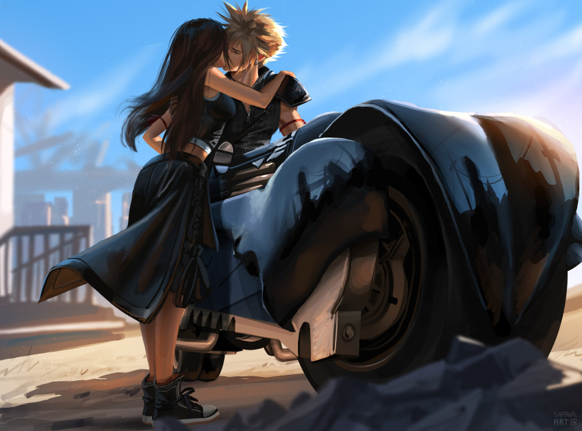 1boy 1girl absurdres apron arm_ribbon bare_shoulders black_apron black_footwear black_hair black_shorts black_vest blonde_hair blue_sky building closed_eyes cloud cloud_strife cloudy_sky commentary couple crop_top earrings english_commentary final_fantasy final_fantasy_vii final_fantasy_vii_advent_children full_body hand_on_another's_shoulder highres jewelry kiss long_hair midriff_peek motor_vehicle motorcycle on_motorcycle outdoors popped_collar red_ribbon ribbon safaiaart shirt shorts single_shoulder_pad sky sleeveless sleeveless_shirt spiked_hair standing stud_earrings tank_top tifa_lockhart vest waist_apron white_tank_top zipper