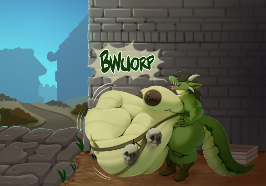 alley anthro anthro_pred areola big_areola black_hair body_outline bone boots brown_areola burping clothing digital_media_(artwork) digital_painting_(artwork) female female_pred footwear green_body hair hair_over_eyes hand_on_hip hi_res huge_belly kobold larger_prey medieval mostly_nude nipples outside scalie sharp_teeth skull smaller_pred solo teeth thick_calves thick_thighs town