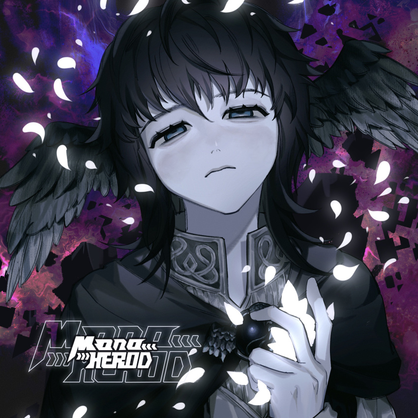 1girl bird_wings black_capelet black_hair blue_eyes brooch capelet colored_skin commission falling_petals feathered_wings final_fantasy final_fantasy_xiv flower frown glowing glowing_petals grey_skin half-closed_eyes hand_up head_wings high_collar highres holding holding_flower jewelry looking_at_viewer meteion misayaandherod petals portrait short_hair solo wings