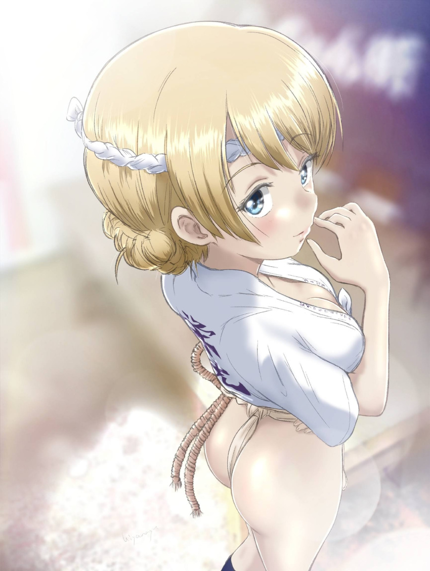 1girl ass blonde_hair blue_eyes blush braid breasts cleavage darjeeling_(girls_und_panzer) french_braid fundoshi girls_und_panzer highres hiyama_yuu_(wee259hiyama) japanese_clothes medium_breasts open_mouth outdoors signature smile solo yamakasa