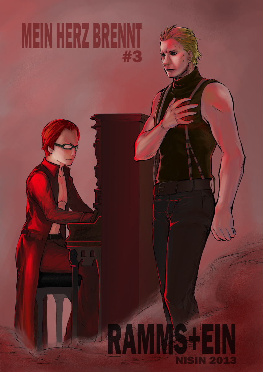 2boys absurdres artist_request blonde_hair flake_lorenz glasses hand_over_heart highres instrument multiple_boys music nisin piano playing_instrument rammstein_(band) real_life serious sleeveless sleeveless_turtleneck smoke suspenders tailcoat till_lindemann turtleneck upright_piano