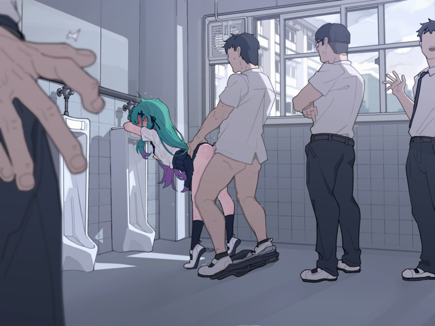 1girl 4boys ass bangs bent_over blue_skirt blush braid breasts butterfly_hair_ornament collared_shirt gradient_hair green_hair hair_ornament hetero highres hololive kakure_eria long_hair multicolored_hair multiple_boys open_clothes open_shirt pleated_skirt purple_hair restroom revision sex sex_from_behind shirt short_sleeves skirt small_breasts thighs urinal uruha_rushia virtual_youtuber window